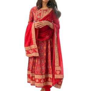 RiaCreation Women's Cotton Anarkali Embroidery Designer Long Anarkali Kurti with Pant and Dupatta Set (Red)