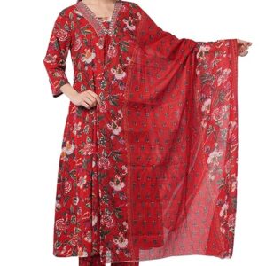Siya's Women's Floral Print Cotton Kurta Set with Dupatta, Red, V-Neck, 3/4 Sleeve