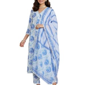 Amazon Brand - Myx Women's Cotton Blend Printed Mughal Guldasta Print Kurta Pant Set with Dupatta