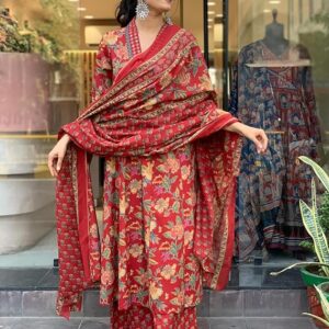GoSriKi Women's Rayon Viscose Anarkali Printed Kurta with Palazzo & Dupatta